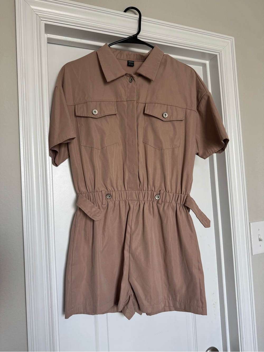 SHEIN Short Sleeve Utility Romper in Taupe